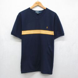 XL★古着 ラルフローレン 半袖 ブランド Tシャツ メンズ 90年代 90s ワンポイントロゴ 鹿の子 大きいサイズ コットン Vネック ネイビー【spe】 26jun03