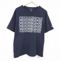 XL★古着 チャンピオン Champion 半袖 ブランド Tシャツ メンズ ビッグロゴ 大きいサイズ クルーネック 紺 ネイビー 24feb27 中古