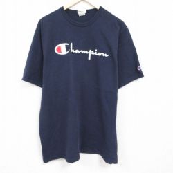 【50%OFF】XL★古着 チャンピオン Champion 半袖 ブランド Tシャツ メンズ ビッグロゴ フロッキープリント コットン クルーネック 紺 ネイビー 24feb28 中古