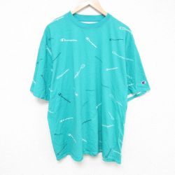 XL★古着 チャンピオン Champion 半袖 ブランド Tシャツ メンズ 総柄 大きいサイズ コットン クルーネック 青緑 24may07 中古
