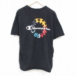 XL★古着 チャンピオン Champion 半袖 ブランド Tシャツ メンズ ワンポイントロゴ クルーネック 黒 ブラック 24may20 中古