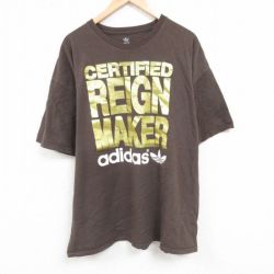 XL★古着 アディダス adidas 半袖 Tシャツ メンズ ワンポイントロゴ リーフ トレフォイル 大きいサイズ コットン クルーネック 茶 ブラウン 24jul08 中古