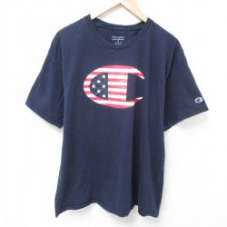 XL★古着 チャンピオン Champion 半袖 ブランド Tシャツ メンズ ビッグロゴ コットン クルーネック 紺 ネイビー 25apr01 中古