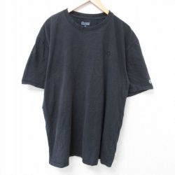 XL★古着 チャンピオン Champion 半袖 ブランド Tシャツ メンズ ワンポイントロゴ 大きいサイズ ロング丈 コットン クルーネック 黒 ブラック 25apr01 中古