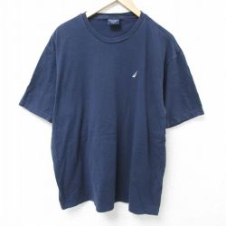 XL★古着 ノーティカ NAUTICA 半袖 ブランド Tシャツ メンズ ワンポイントロゴ 大きいサイズ コットン クルーネック 紺 ネイビー 25may15 中古