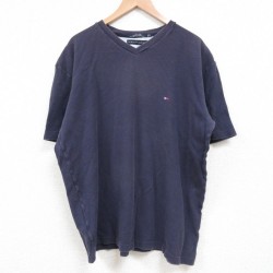 トミーヒルフィガー 半袖Tシャツ ワンポイントロゴ ネイビーストライプ XL | 古着