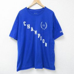 XL★古着 チャンピオン champion 半袖 ブランド Tシャツ メンズ ビッグロゴ 大きいサイズ コットン クルーネック 青 ブルー 25may22 中古
