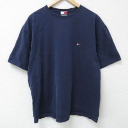 XL★古着 トミーヒルフィガー TOMMY HILFIGER 半袖 ブランド Tシャツ メンズ 90年代 90s ワンポイントロゴ コットン クルーネック 紺 ネイビー 25may26 中古