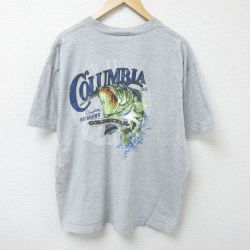 XL★古着 コロンビア COLUMBIA 半袖 ブランド Tシャツ メンズ 魚 ビッグロゴ 大きいサイズ クルーネック グレー 霜降り 25may26 中古