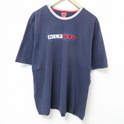 XL★古着 トミーヒルフィガー TOMMY HILFIGER 半袖 ブランド Tシャツ メンズ ビッグロゴ 大きいサイズ コットン クルーネック 紺 ネイビー 25may26 中古