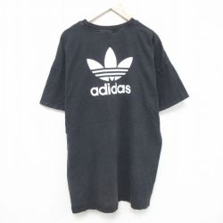 【20%OFF】XL★古着 アディダス adidas 半袖 ブランド Tシャツ メンズ ビッグロゴ リーフトレフォイル 大きいサイズ ロング丈 コットン クルーネック 黒 ブラック 25jun16 中古