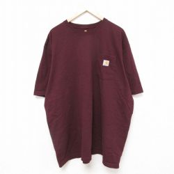 XL★古着 カーハート Carhartt 半袖 ブランド Tシャツ メンズ 胸ポケット付き 大きいサイズ ロング丈 コットン クルーネック エンジ 25jun18 中古