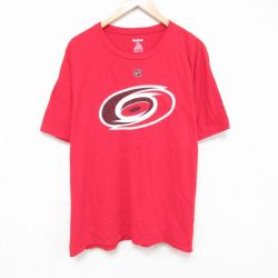 XL★古着 リーボック REEBOK 半袖 ブランド Tシャツ メンズ NFL カロライナハリケーンズ ジャスティンホーク 27 大きいサイズ コットン クルーネック 赤 レッド アイスホッケー 25jun19 中古