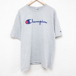 XL★古着 チャンピオン champion 半袖 ブランド Tシャツ メンズ フロッキープリント ビッグロゴ 大きいサイズ クルーネック グレー 霜降り 25jun19 中古