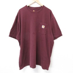 【50%OFF】XL★古着 カーハート Carhartt 半袖 ブランド Tシャツ メンズ 胸ポケット付き 大きいサイズ ロング丈 コットン クルーネック エンジ 25jul18 中古