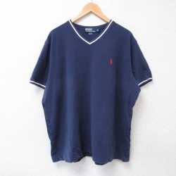 【50%OFF】XL★古着 ラルフローレン Ralph Lauren 半袖 ブランド Tシャツ メンズ 90年代 90s ワンポイントロゴ 鹿の子 大きいサイズ コットン Vネック 紺 ネイビー 25jul18 中古