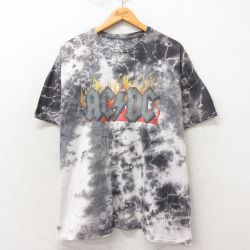 XL★古着 半袖 ロック バンド Tシャツ メンズ AC/DC 大きいサイズ クルーネック 黒 ブラック タイダイ 25may31 中古