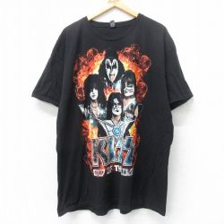 XL★古着 TULTEX 半袖 ロック バンド Tシャツ メンズ キッス 大きいサイズ ロング丈 コットン クルーネック 黒 ブラック 25jun12 中古