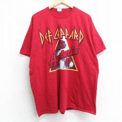 【50%OFF】XL★古着 半袖 ロック バンド Tシャツ メンズ デフレパード 大きいサイズ コットン クルーネック 赤 レッド 25jul03 中古