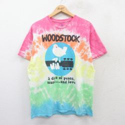 L★古着 リキッドブルー 半袖 ロック バンド Tシャツ メンズ ウッドストック コットン クルーネック ピンク他 タイダイ 【spe】 25jul14 中古