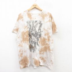 【50%OFF】XL★古着 半袖 ロック バンド Tシャツ メンズ キッス KISS 大きいサイズ クルーネック ベージュ他 カーキ タイダイ 25jul14 中古