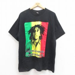 【20%OFF】XL★古着 半袖 ロック バンド Tシャツ メンズ ボブマーリー コットン クルーネック 黒 ブラック 25aug05 中古