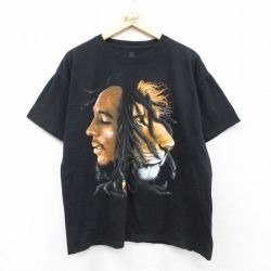XL★古着 半袖 ロック バンド Tシャツ メンズ ボブマーリー コットン クルーネック 黒 ブラック 25aug28 中古