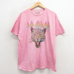XL★古着 半袖 ロック バンド Tシャツ メンズ デフレパード コットン クルーネック ピンク 26mar13
