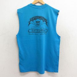 【50%OFF】L★古着 ヘインズ Hanes ビンテージ ノースリーブ Tシャツ メンズ 80年代 80s スカル ZQDIAC コットン クルーネック USA製 水色 24jun26 中古