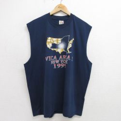 XL★古着 フルーツオブザルーム ノースリーブ ビンテージ Tシャツ メンズ 90年代 90s 地図 ニューヨーク 大きいサイズ クルーネック 紺 ネイビー 24jun28 中古