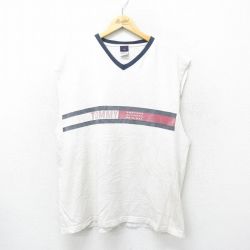 【50%OFF】XL★古着 トミーヒルフィガー TOMMY HILFIGER トミージーンズ ノースリーブ ブランド ビンテージ Tシャツ メンズ 90年代 90s ビッグロゴ コットン Vネック USA製 白他 ホワイト 24jul04 中古