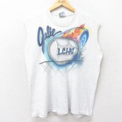 【50%OFF】XL★古着 ビンテージ ノースリーブ Tシャツ メンズ 90年代 90s バレーボール ハンドペイント エアブラシ コットン クルーネック USA製 薄グレー 霜降り 24jul18 中古