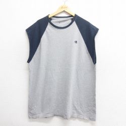 XL★古着 チャンピオン champion ノースリーブ Tシャツ メンズ ワンポイントロゴ 大きいサイズ ツートンカラー クルーネック グレー 霜降り 25may27 中古