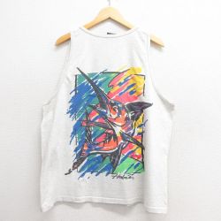 XL★古着 ホビー ビンテージ タンクトップ メンズ 90年代 90s 魚 大きいサイズ コットン USA製 グレー 霜降り 25may28 中古