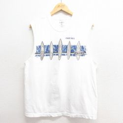 【50%OFF】L★古着 ノースリーブ Tシャツ メンズ サーフボード コットン クルーネック 白 ホワイト 25may28 中古