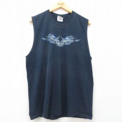XL★古着 ノースリーブ ビンテージ Tシャツ メンズ 00年代 00s トライバル柄 コットン クルーネック 紺 ネイビー 25jun07 中古