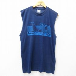 L★古着 ノースリーブ ビンテージ Tシャツ メンズ 80年代 80s カリフォルニア ヨット クルーネック 紺 ネイビー 25jun09 中古