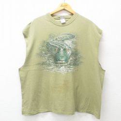XL★古着 ヘインズ Hanes ノースリーブ ビンテージ Tシャツ メンズ 00年代 00s ワニ 大きいサイズ コットン クルーネック 緑 グリーン 25jun09 中古