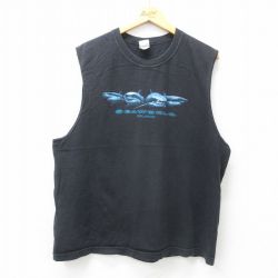 XL★古着 ノースリーブ ビンテージ Tシャツ メンズ 00年代 00s サメ コットン クルーネック 黒 ブラック 25jun09 中古