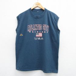 【20%OFF】L★古着 ノースリーブ ビンテージ Tシャツ メンズ 00年代 00s ATLANTIC CITY 星条旗 クルーネック 紺 ネイビー 25jun09 中古