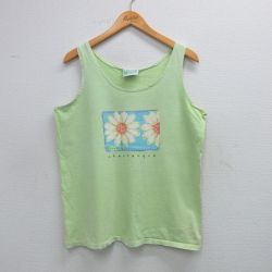 【50%OFF】L★古着 ビンテージ タンクトップ メンズ 90年代 90s 花 コットン クルーネック USA製 黄緑 25jun09 中古
