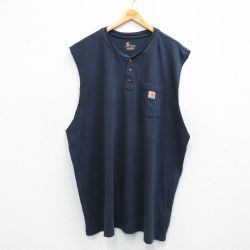 XL★古着 カーハート Carhartt ノースリーブ Tシャツ メンズ ワンポイントロゴ 胸ポケット付き 大きいサイズ ロング丈 コットン クルーネック 濃紺 ネイビー 25jun09 中古