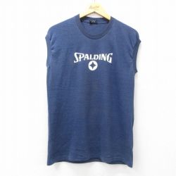 L★古着 スポルディング ノースリーブ ビンテージ Tシャツ メンズ 90年代 90s ビッグロゴ クルーネック USA製 紺 ネイビー 25jun21 中古