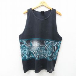 XL★古着 ビンテージ タンクトップ メンズ 90年代 90s ヨット 葉 大きいサイズ コットン クルーネック USA製 黒 ブラック 25jun21 中古