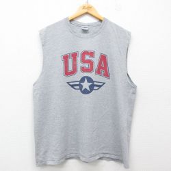 XL★古着 ノースリーブ ビンテージ Tシャツ メンズ 00年代 00s ミリタリー USAロゴ 大きいサイズ クルーネック グレー 霜降り 25jun21 中古