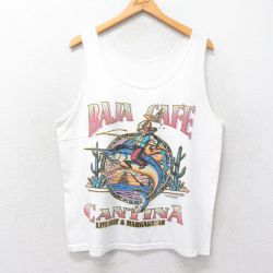 L★古着 ビンテージ タンクトップ メンズ 90年代 90s BAJA CAF? カジキ クルーネック 白 ホワイト 25jun26 中古