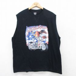 XL★古着 ジャージーズ ノースリーブ Tシャツ メンズ バイク 鳥 星条旗 大きいサイズ コットン クルーネック 黒 ブラック 25jun28 中古