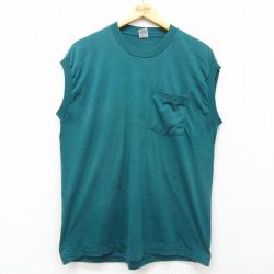 L★古着 フルーツオブザルーム ノースリーブ ビンテージ Tシャツ メンズ 90年代 90s 無地 胸ポケット付き 青緑 25jun30 中古