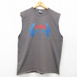 【50%OFF】L★古着 ノースリーブ ビンテージ Tシャツ メンズ 00年代 00s USAロゴ 鳥 トライバル柄 コットン クルーネック 濃グレー 25jun30 中古