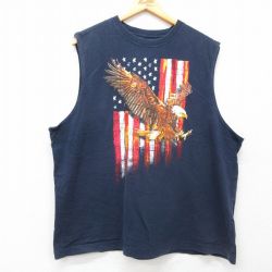 XL★古着 FADED GLORY ノースリーブ Tシャツ メンズ 鳥 星条旗 大きいサイズ コットン クルーネック 紺 ネイビー 25jun30 中古